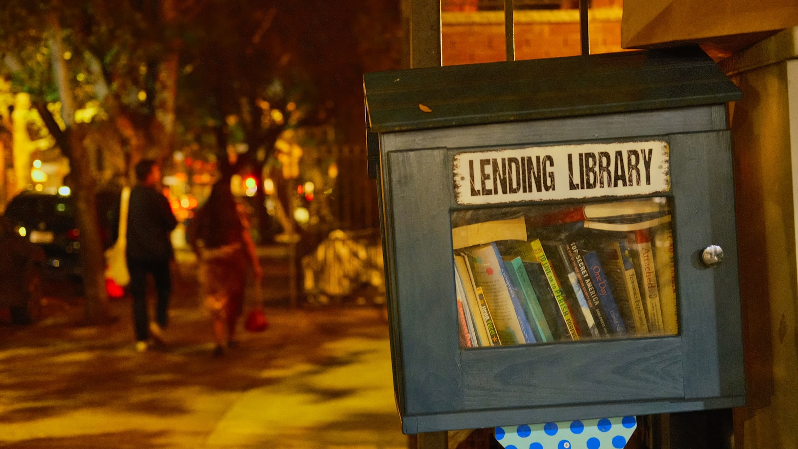 A neighborhood lending library stocked with books at dusk